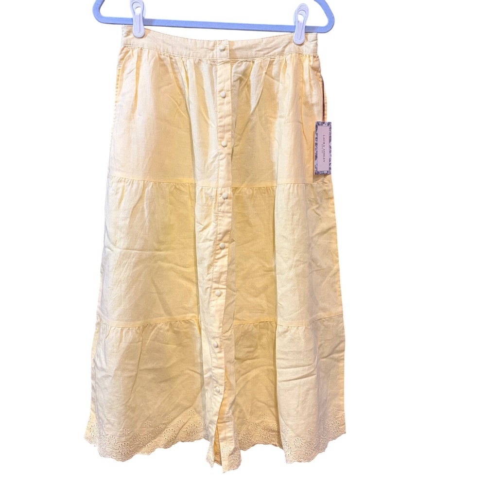 Laura Ashley Yellow Linen Blend Eyelet Hem Button Front Tiered Maxi Skirt Medium